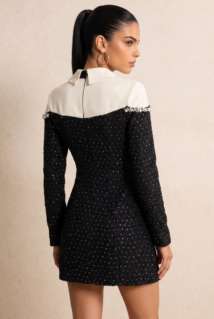SOLACE CHICPearl Beaded Color Block Collared Blazer Mini Dress