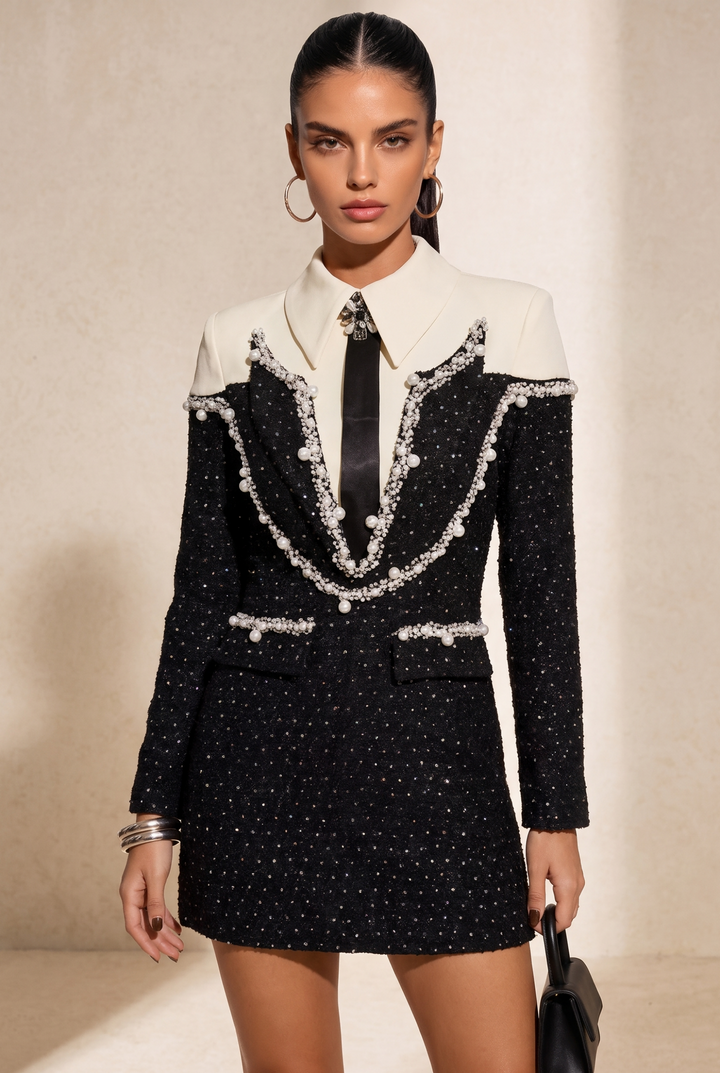 SOLACE CHICPearl Beaded Color Block Collared Blazer Mini Dress