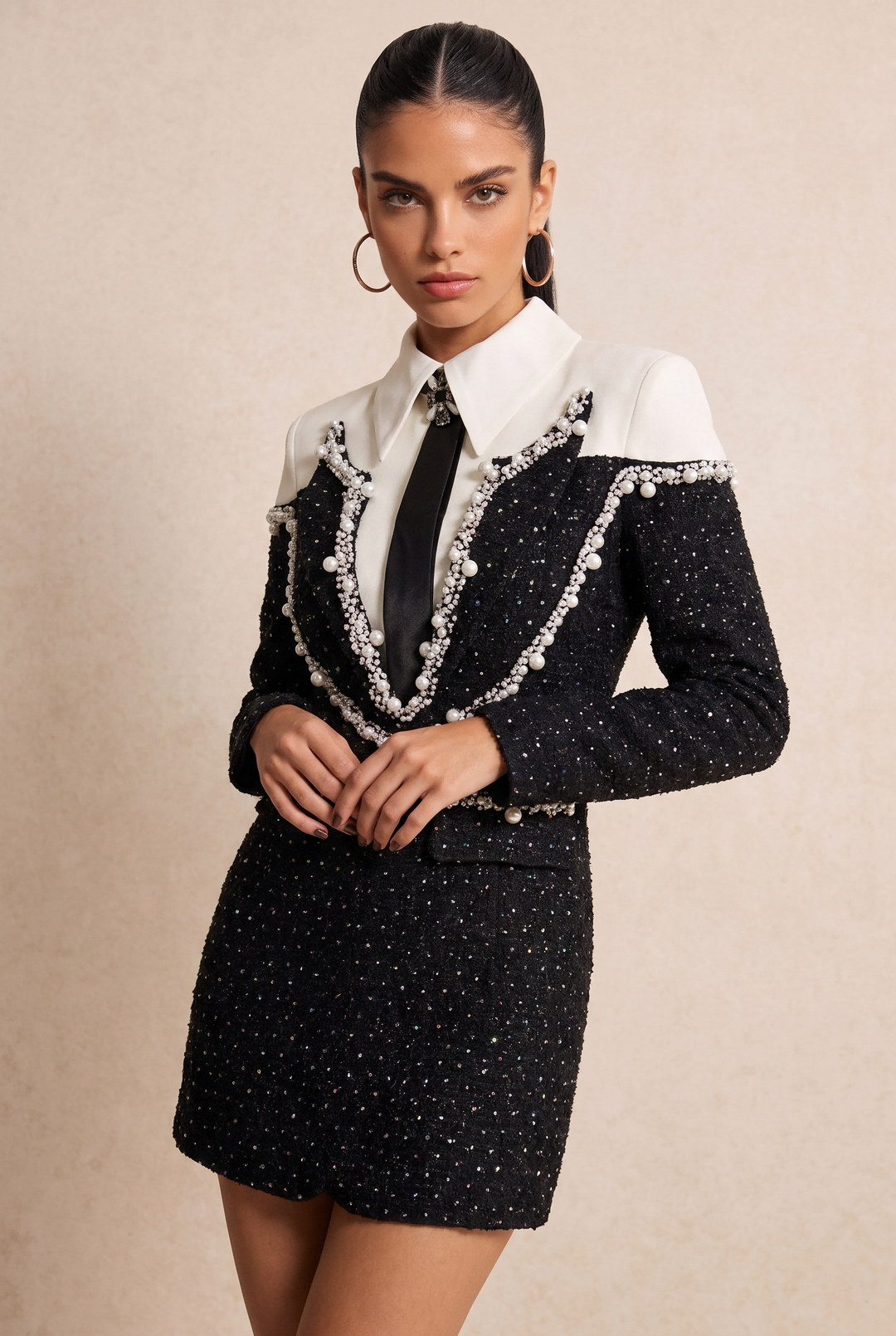 SOLACE CHICPearl Beaded Color Block Collared Blazer Mini Dress