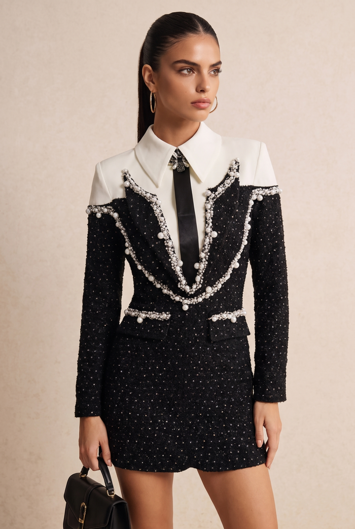 SOLACE CHICPearl Beaded Color Block Collared Blazer Mini Dress