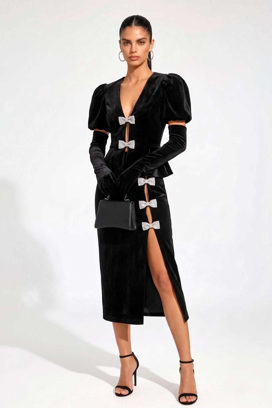 Crystal Bow Top With Midi Skirt Matching Set (Gloves Included)