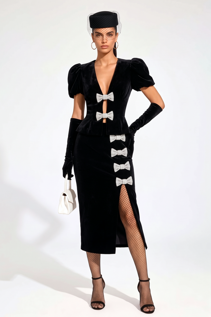 Crystal Bow Top With Midi Skirt Matching Set (Gloves Included)