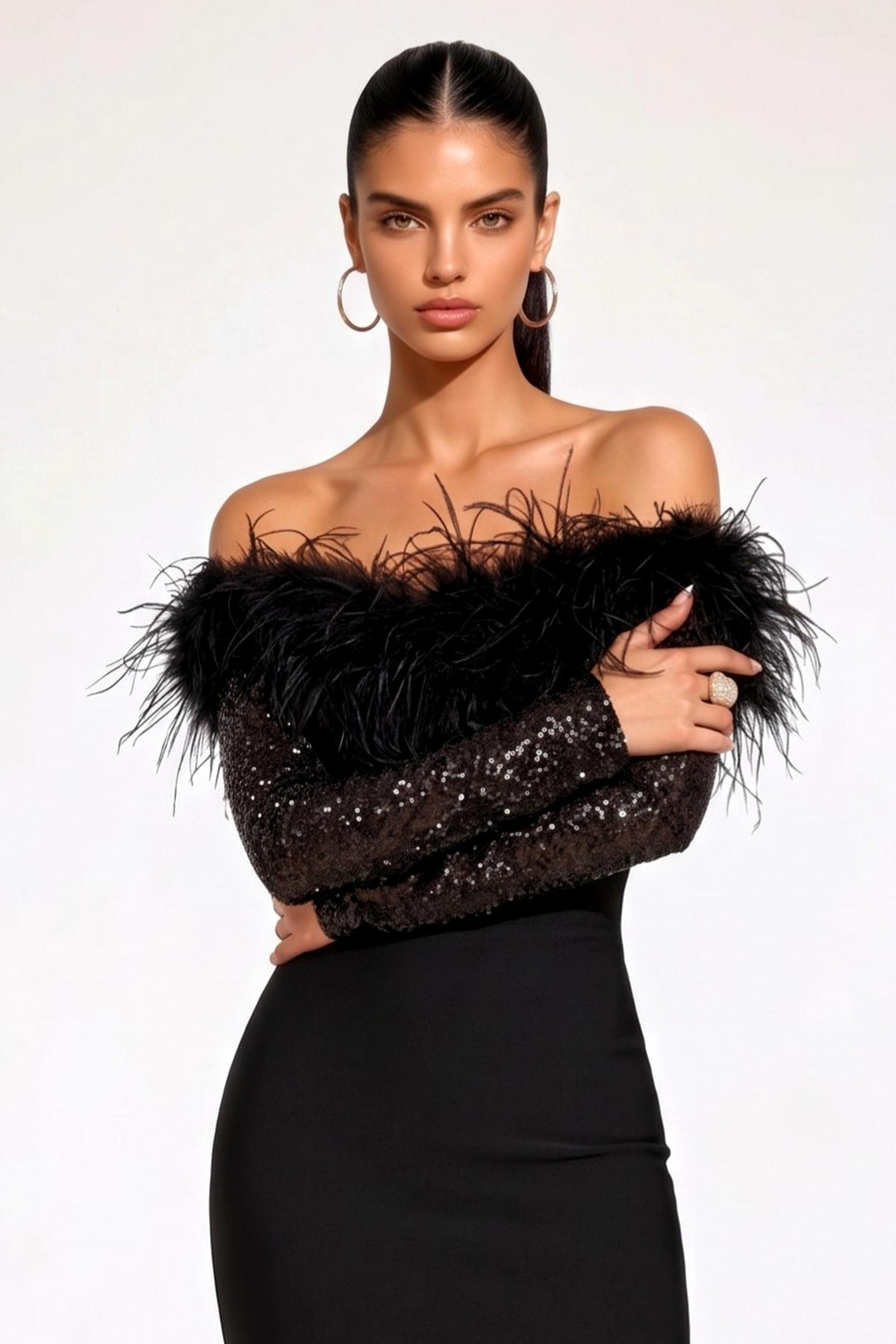 Artificial feathers Sequin Strapless Dress