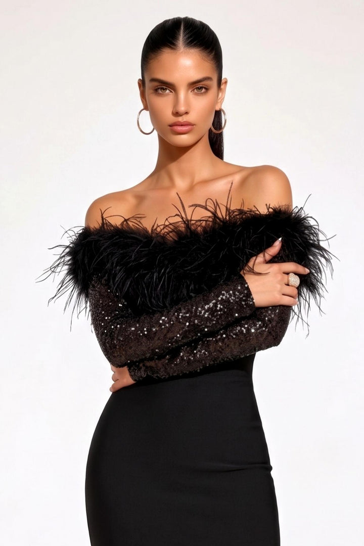 Artificial feathers Sequin Strapless Dress