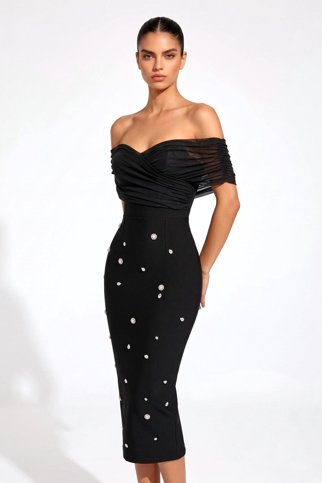 Off Shoulder Rhinestone Embellished Bodycon Dress