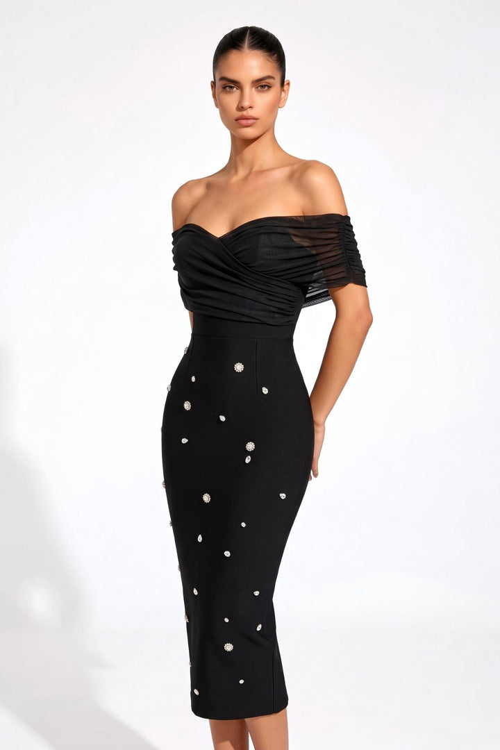 Off Shoulder Rhinestone Embellished Bodycon Dress