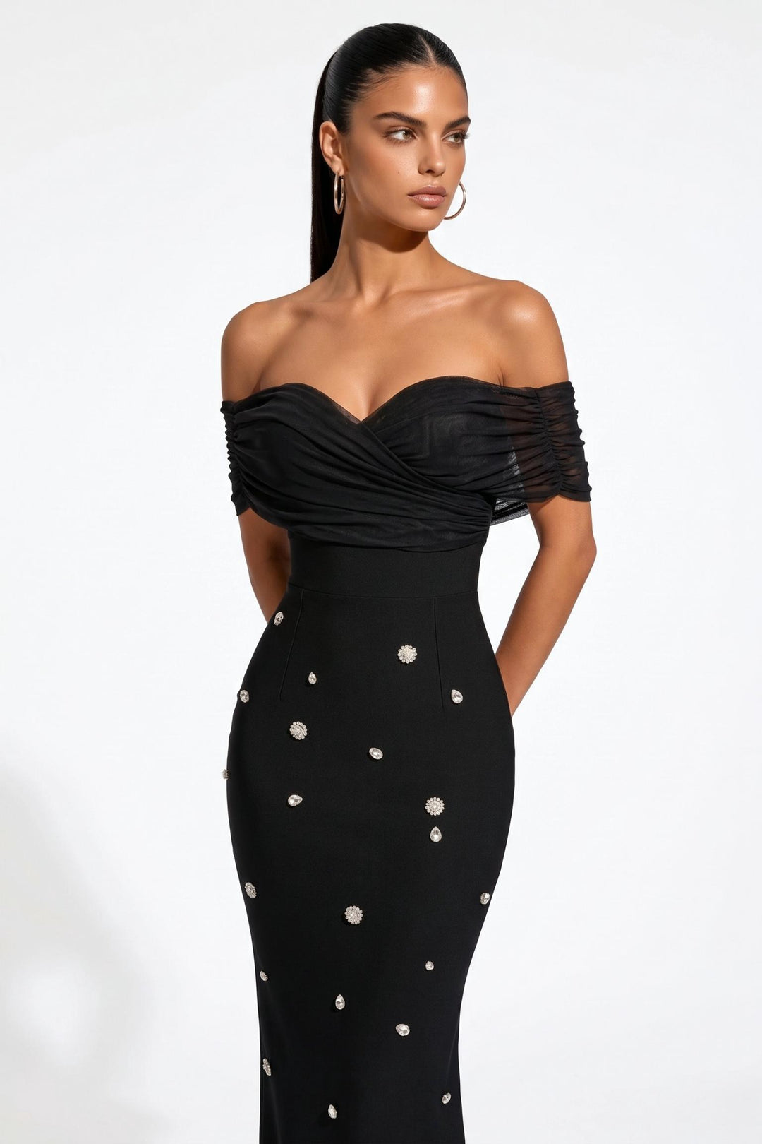 Off Shoulder Rhinestone Embellished Bodycon Dress