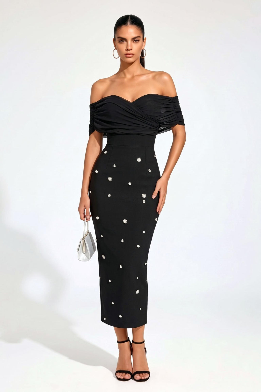 Off Shoulder Rhinestone Embellished Bodycon Dress