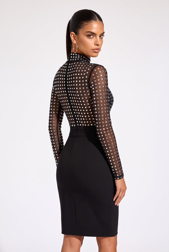 Sheer Mesh With Sparkling Crystal Midi Dress