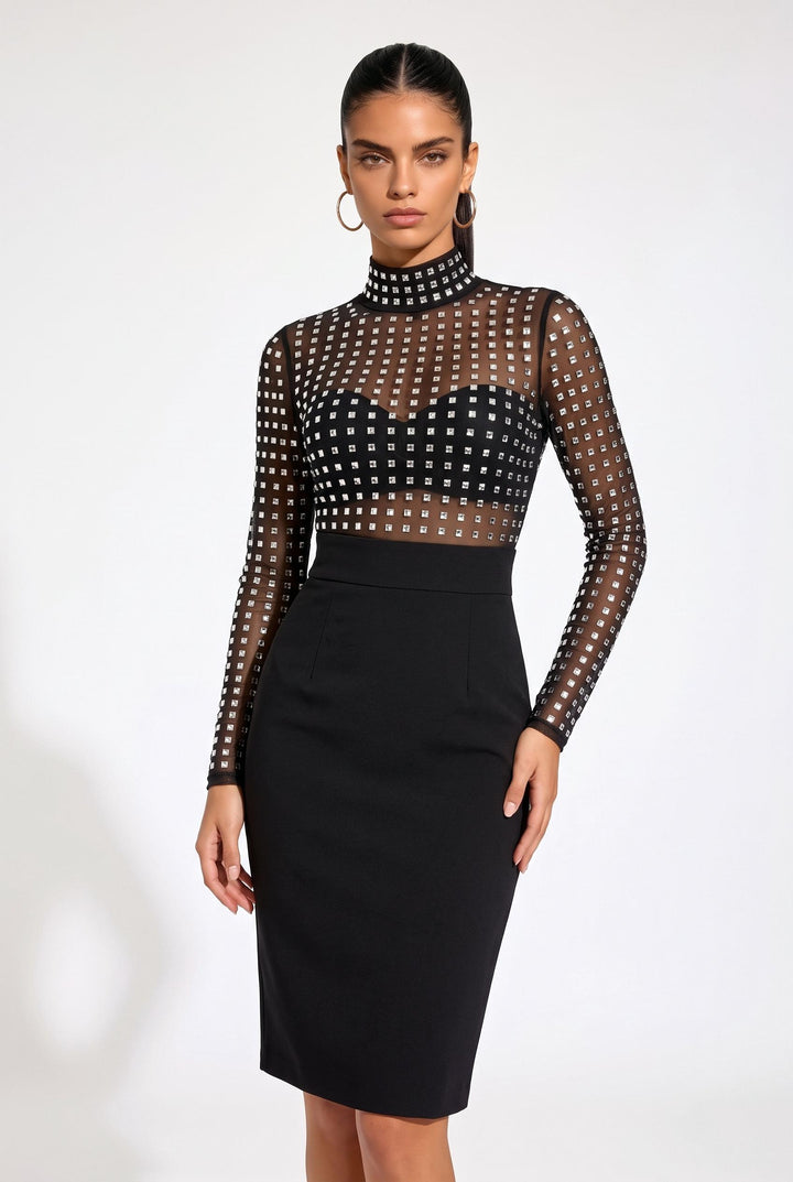 Sheer Mesh With Sparkling Crystal Midi Dress