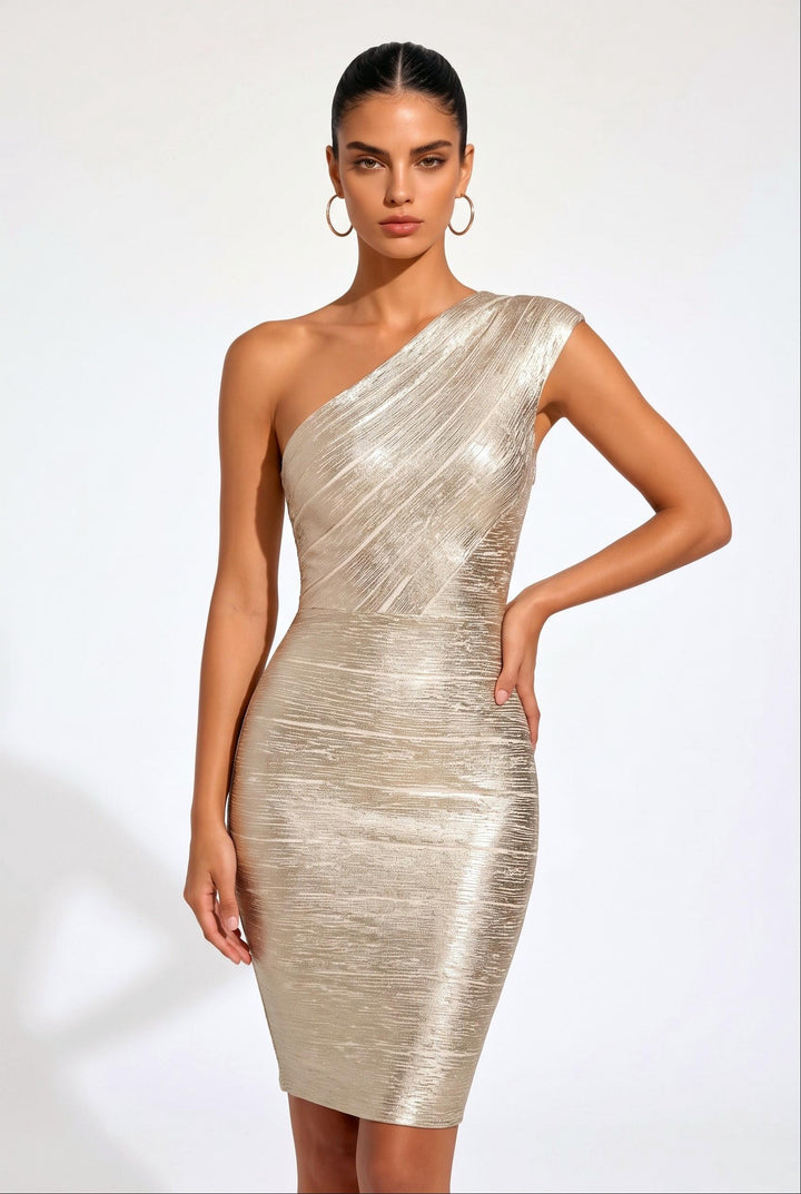 Gold Metallic One Shoulder Bandage Mini Dress