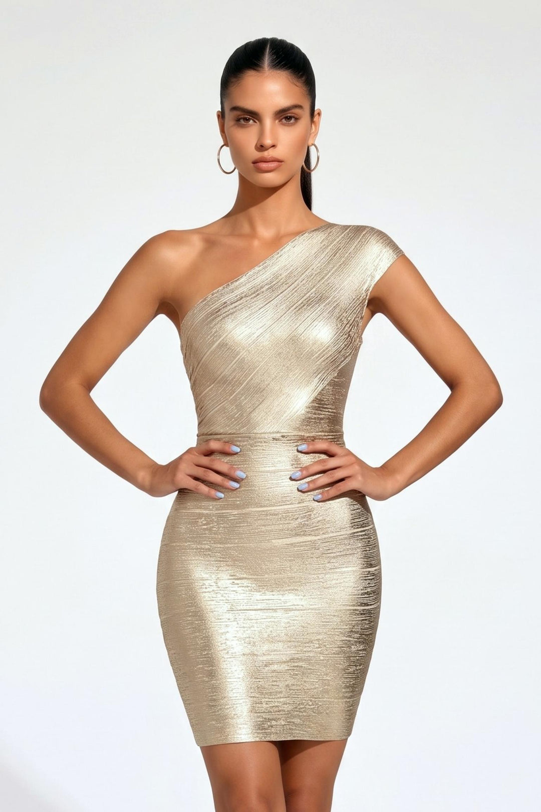 Gold Metallic One Shoulder Bandage Mini Dress