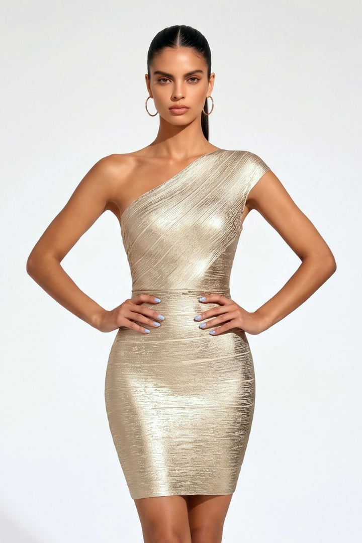 Gold Metallic One Shoulder Bandage Mini Dress