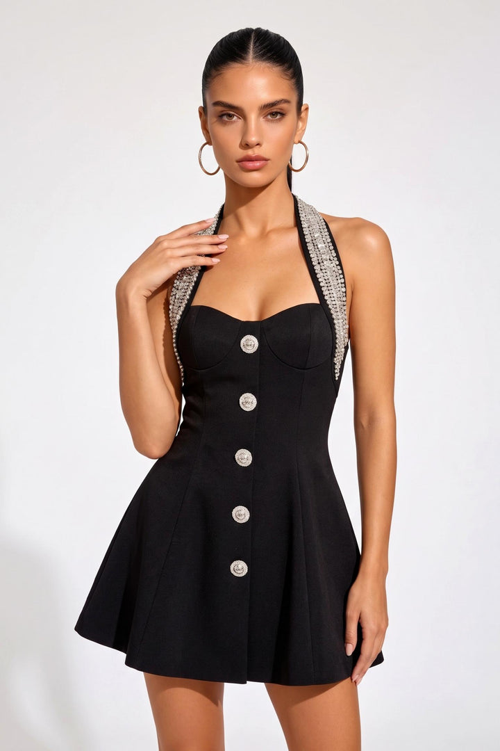 Halter Crystal Bustier A-Line Mini Dress