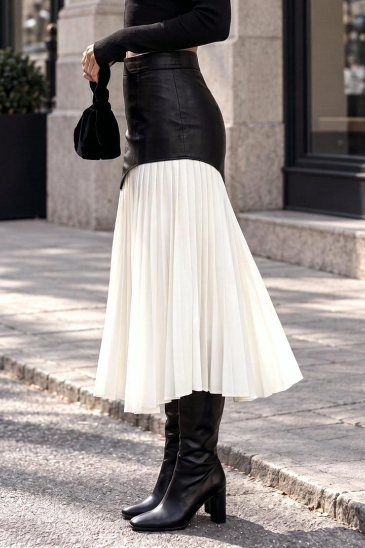 Asymmetric Patchwork Faux Leather Pleated Maxi Skirt