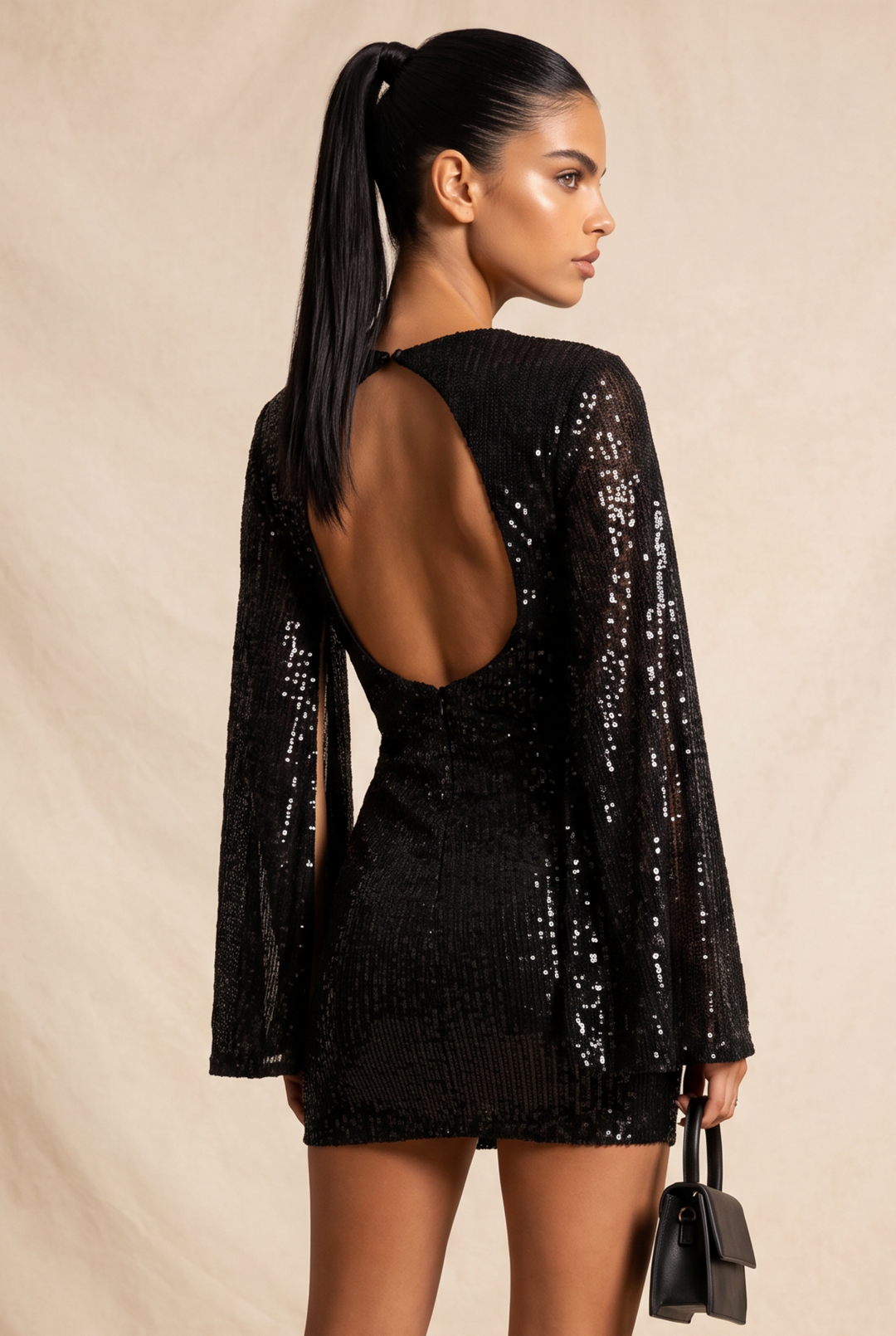 SOLACE CHICV Neck Sequin Split Sleeve Open Back Mini Party Dress