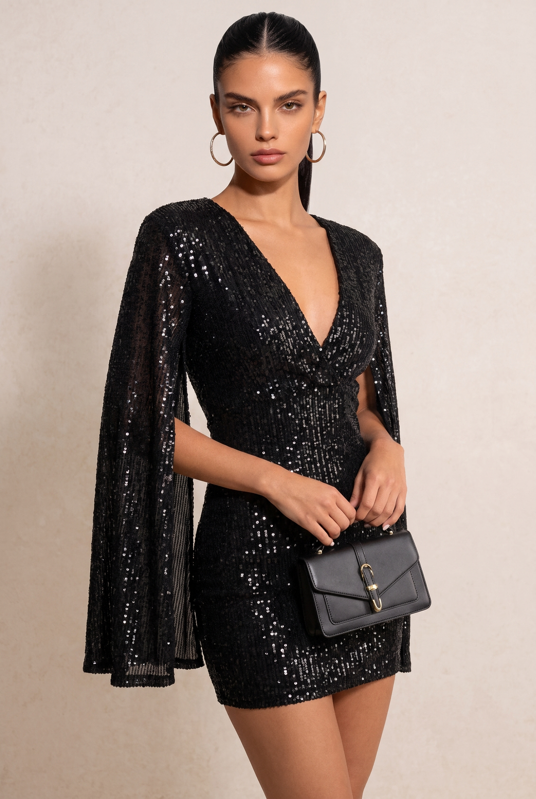 SOLACE CHICV Neck Sequin Split Sleeve Open Back Mini Party Dress