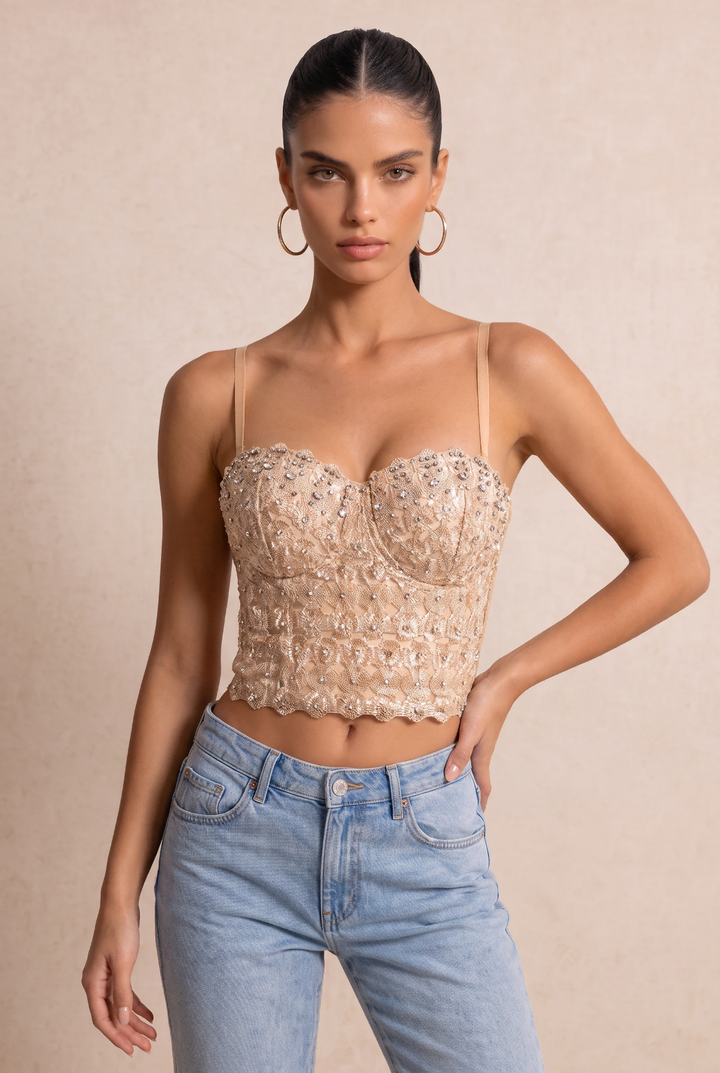 SOLACE CHICRhinestone Beaded Lace Adjustable Strap Corset Top
