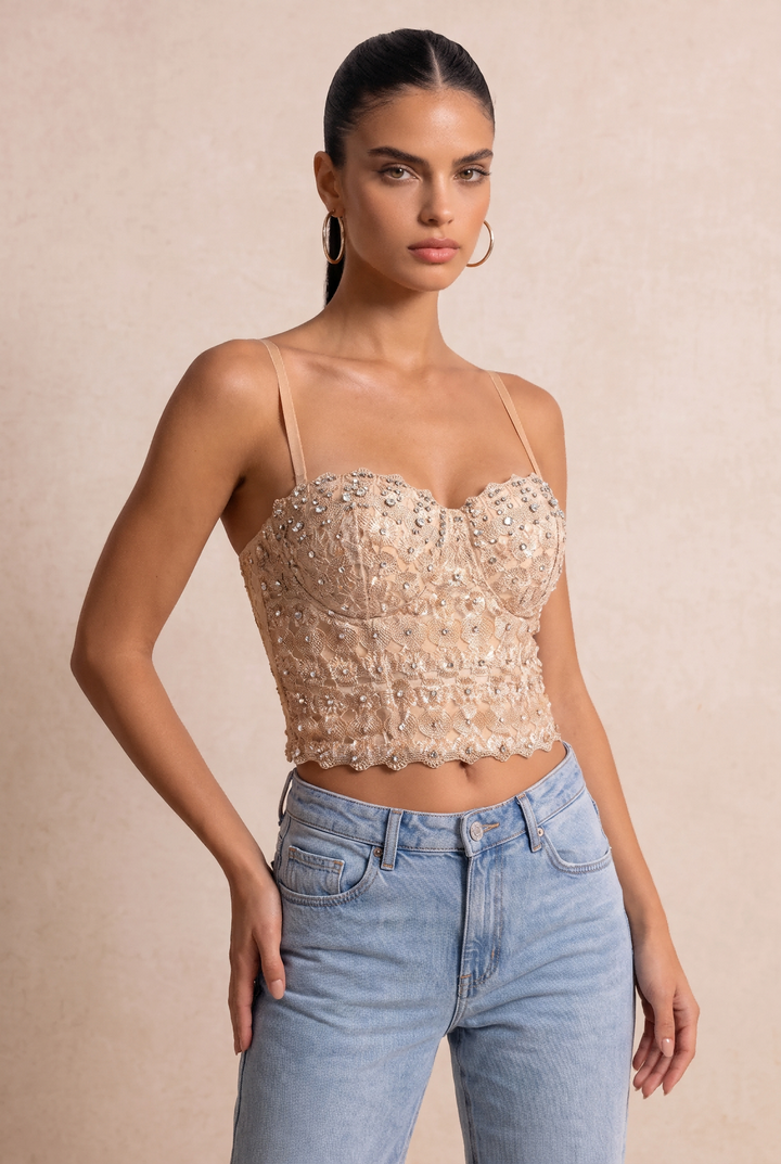 SOLACE CHICRhinestone Beaded Lace Adjustable Strap Corset Top