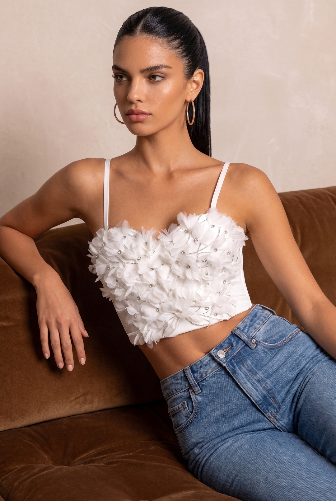 SOLACE CHIC3D Floral Rhinestone Adjustable Strap Cropped Corset Top