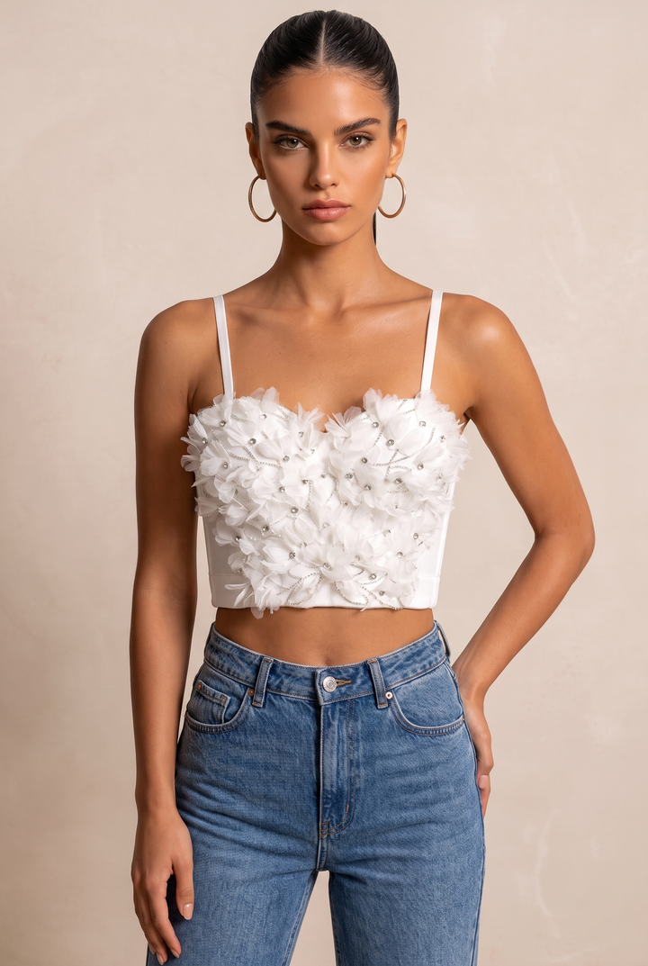 SOLACE CHIC3D Floral Rhinestone Adjustable Strap Cropped Corset Top
