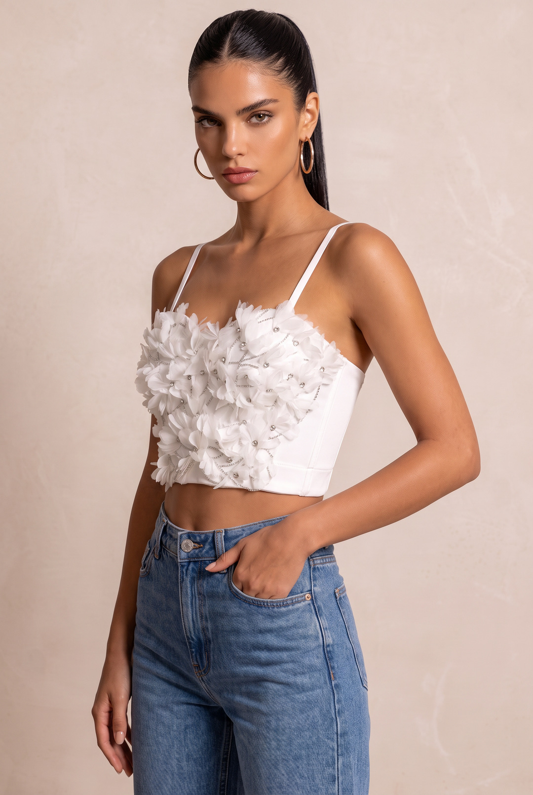 SOLACE CHIC3D Floral Rhinestone Adjustable Strap Cropped Corset Top