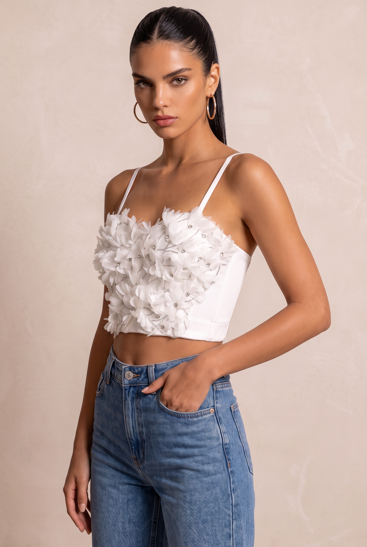 SOLACE CHIC3D Floral Rhinestone Adjustable Strap Cropped Corset Top