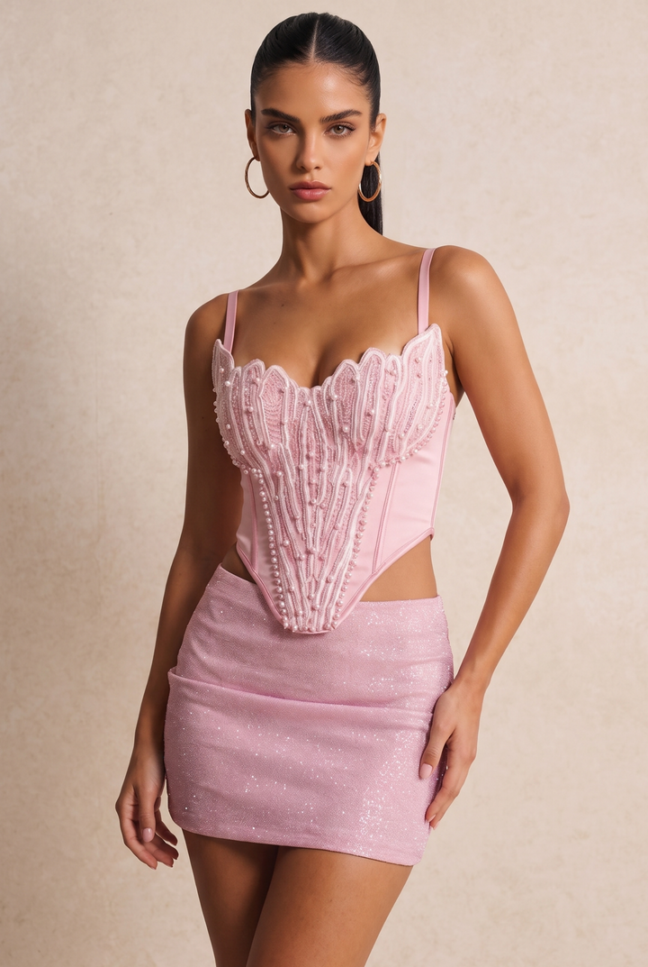 SOLACE CHICPearl Beaded Adjustable Strap Slim Fit Corset Top