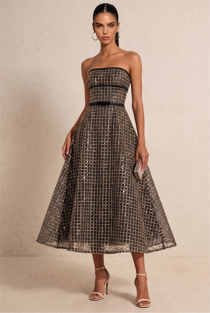 SOLACE CHICStrapless Sequin Plaid Midi Party Dress