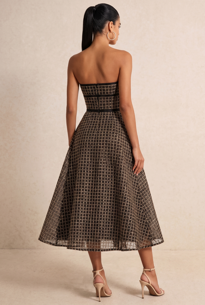 SOLACE CHICStrapless Sequin Plaid Midi Party Dress