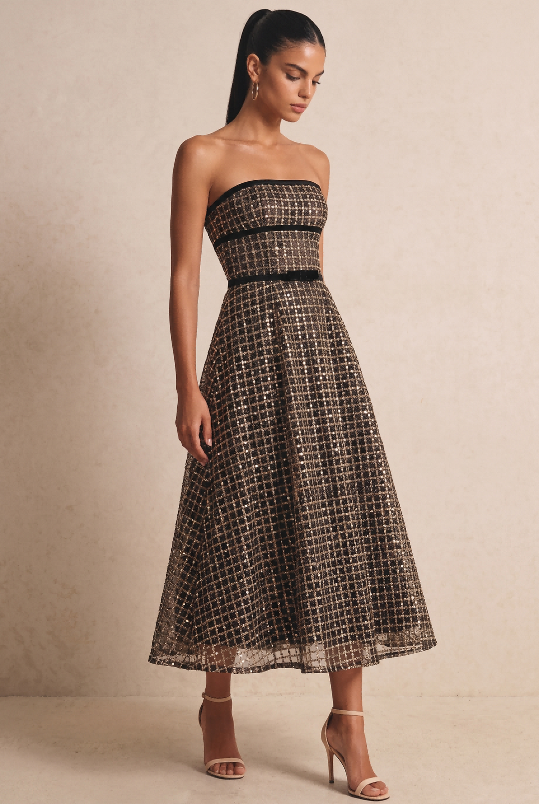 SOLACE CHICStrapless Sequin Plaid Midi Party Dress