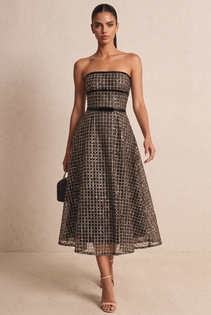 SOLACE CHICStrapless Sequin Plaid Midi Party Dress