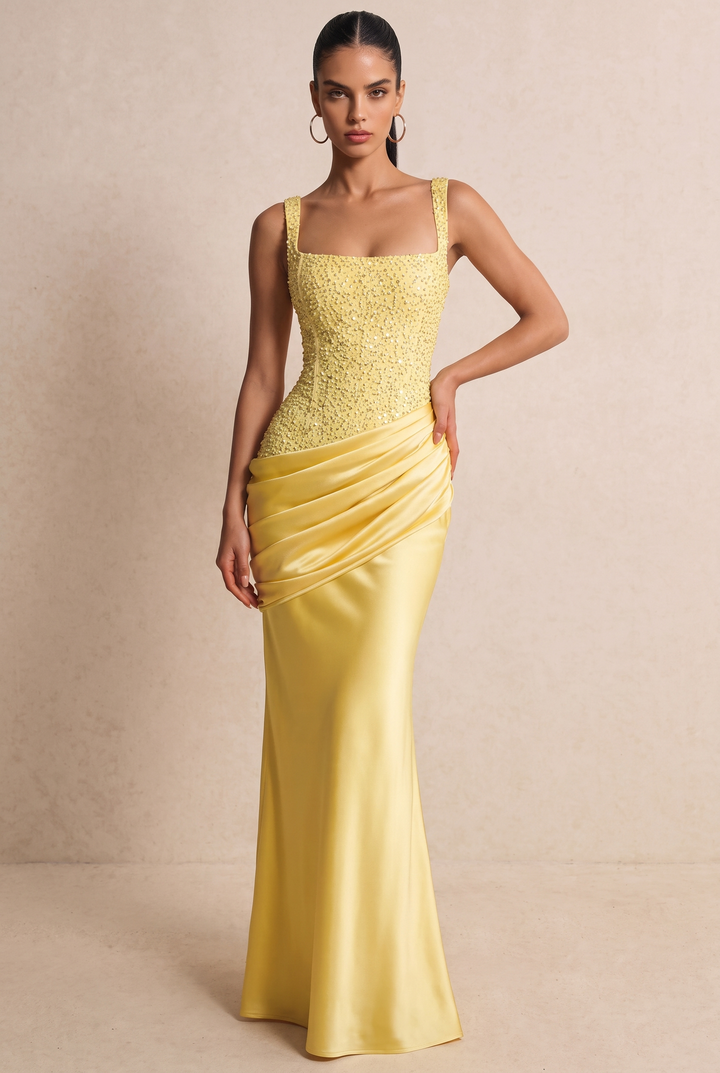 SOLACE CHICBeaded Bodice Draped Satin Mermaid Evening Gown
