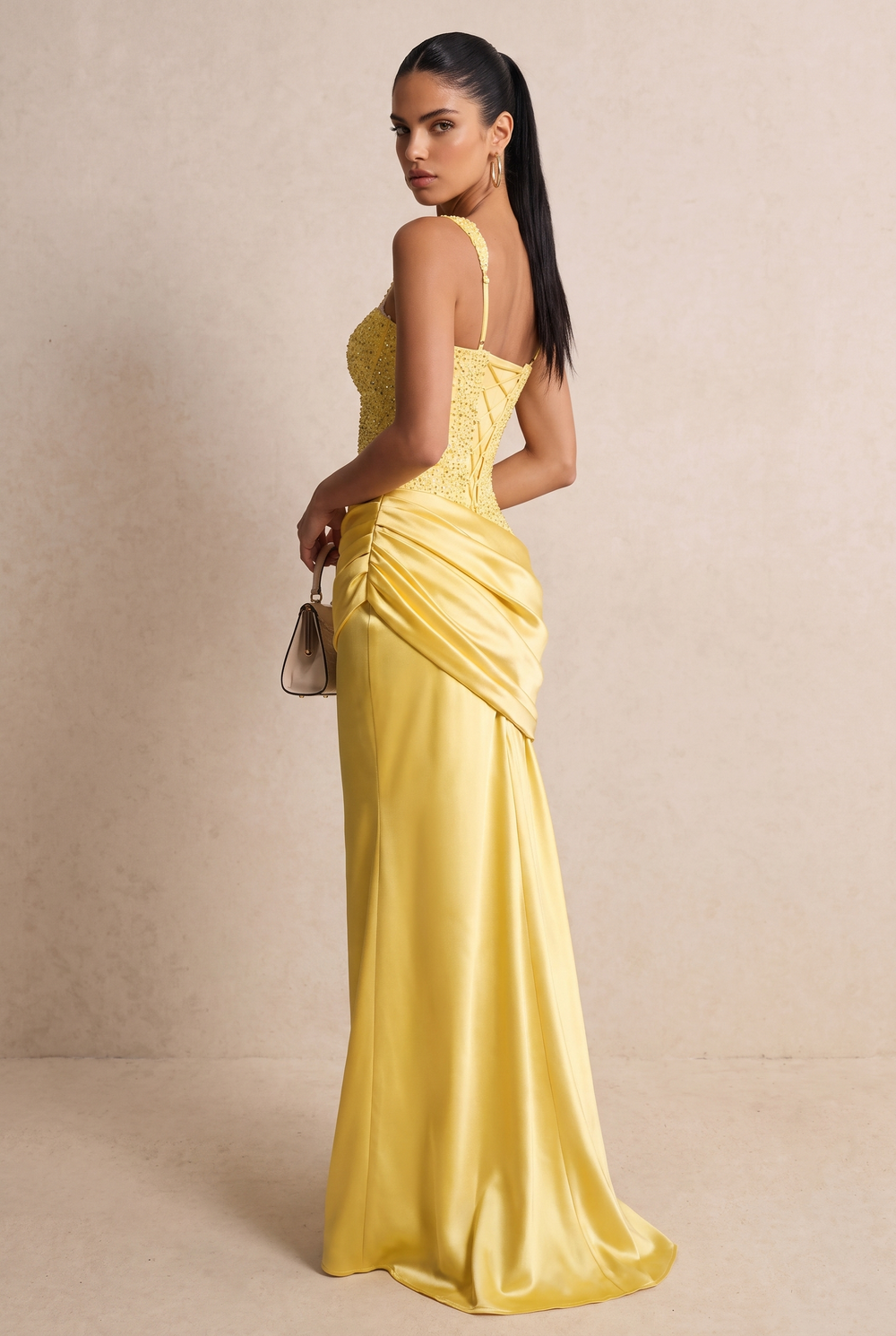 SOLACE CHICBeaded Bodice Draped Satin Mermaid Evening Gown