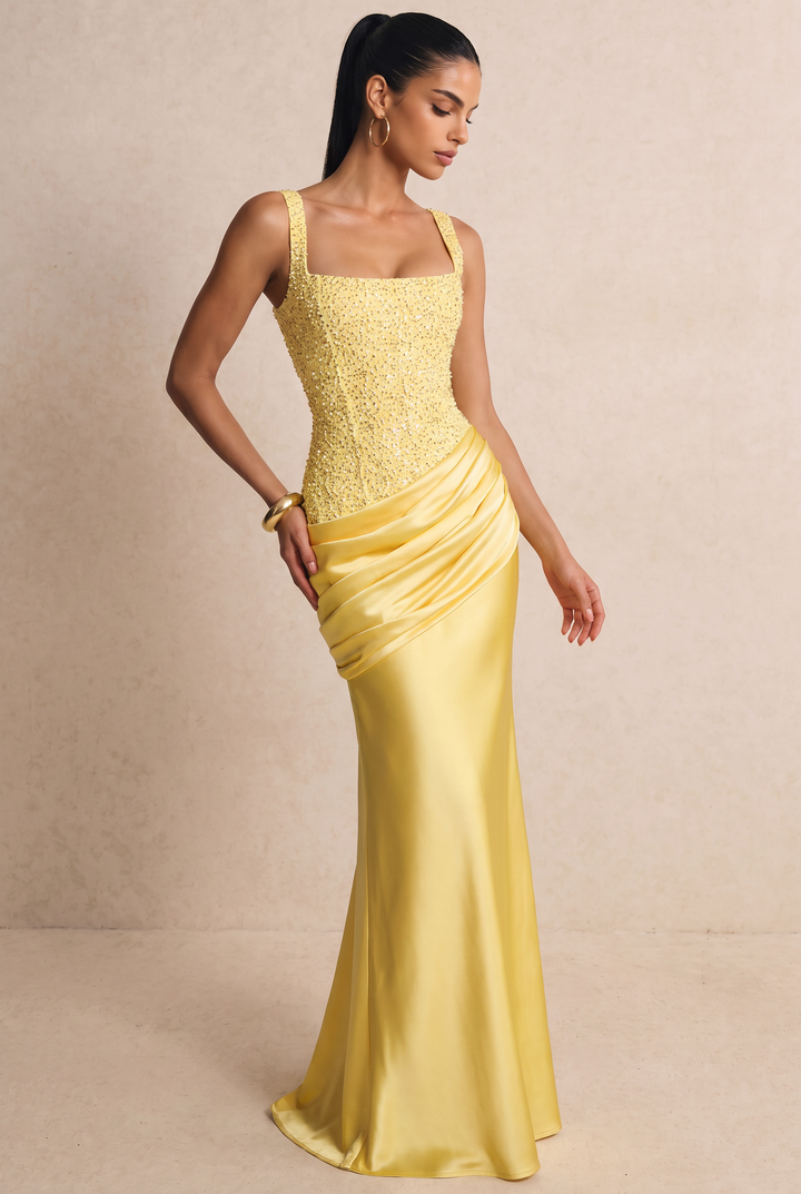 SOLACE CHICBeaded Bodice Draped Satin Mermaid Evening Gown