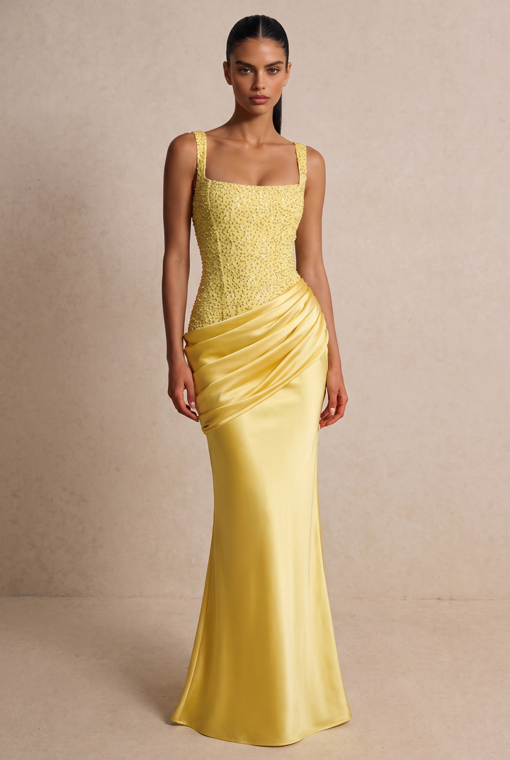 SOLACE CHICBeaded Bodice Draped Satin Mermaid Evening Gown