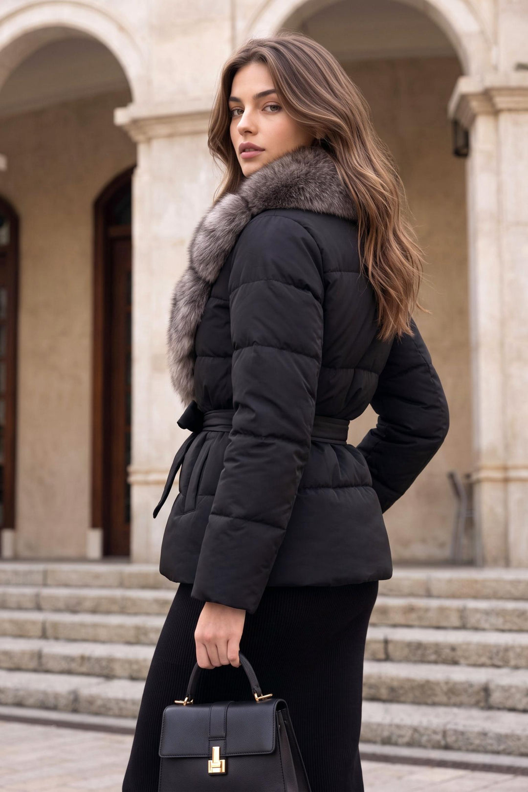 Thick Fluffy Fitted Waist Faux-Fur Collar Padded Coat