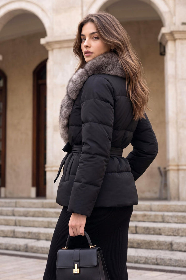 Thick Fluffy Fitted Waist Faux-Fur Collar Padded Coat