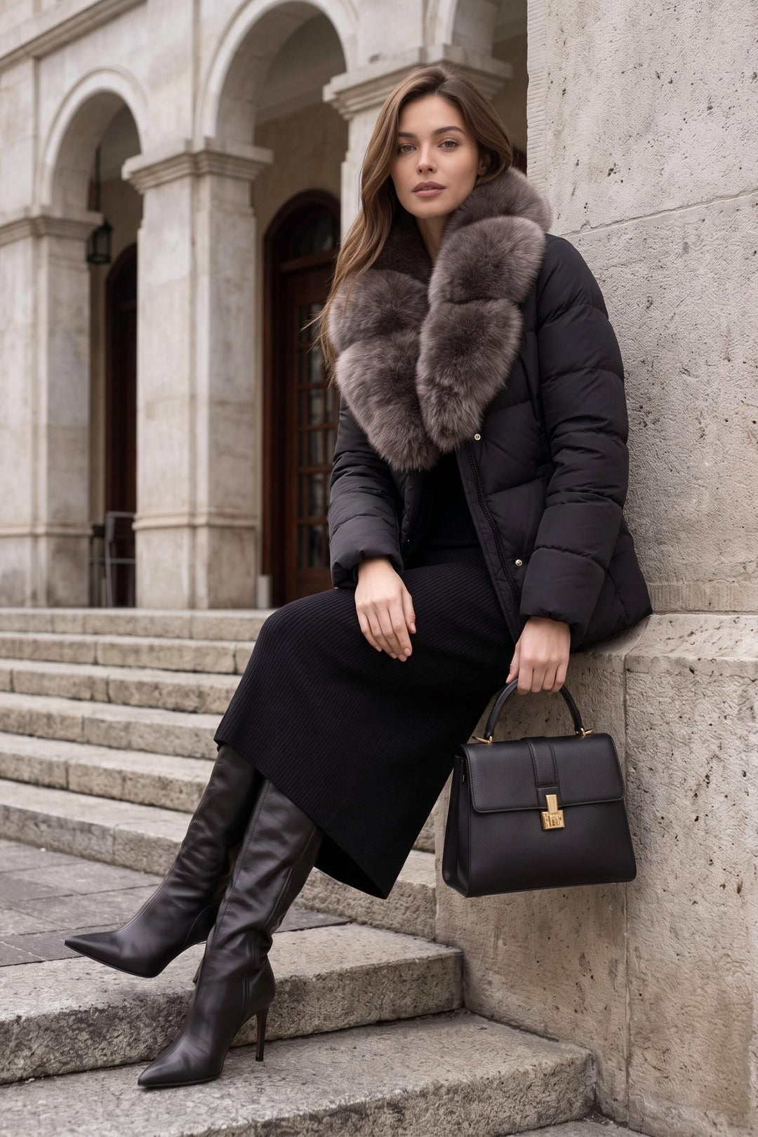 Thick Fluffy Fitted Waist Faux-Fur Collar Padded Coat