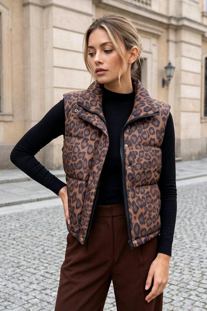 Leopard Print Zipper Front Padded Vest