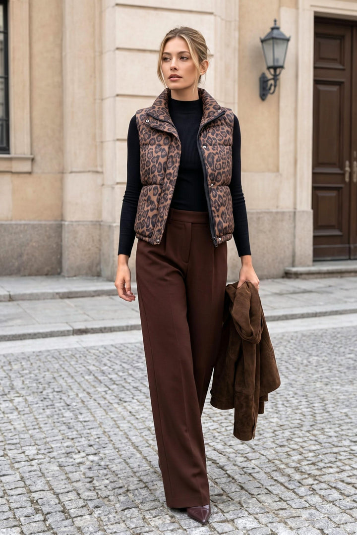 Leopard Print Zipper Front Padded Vest
