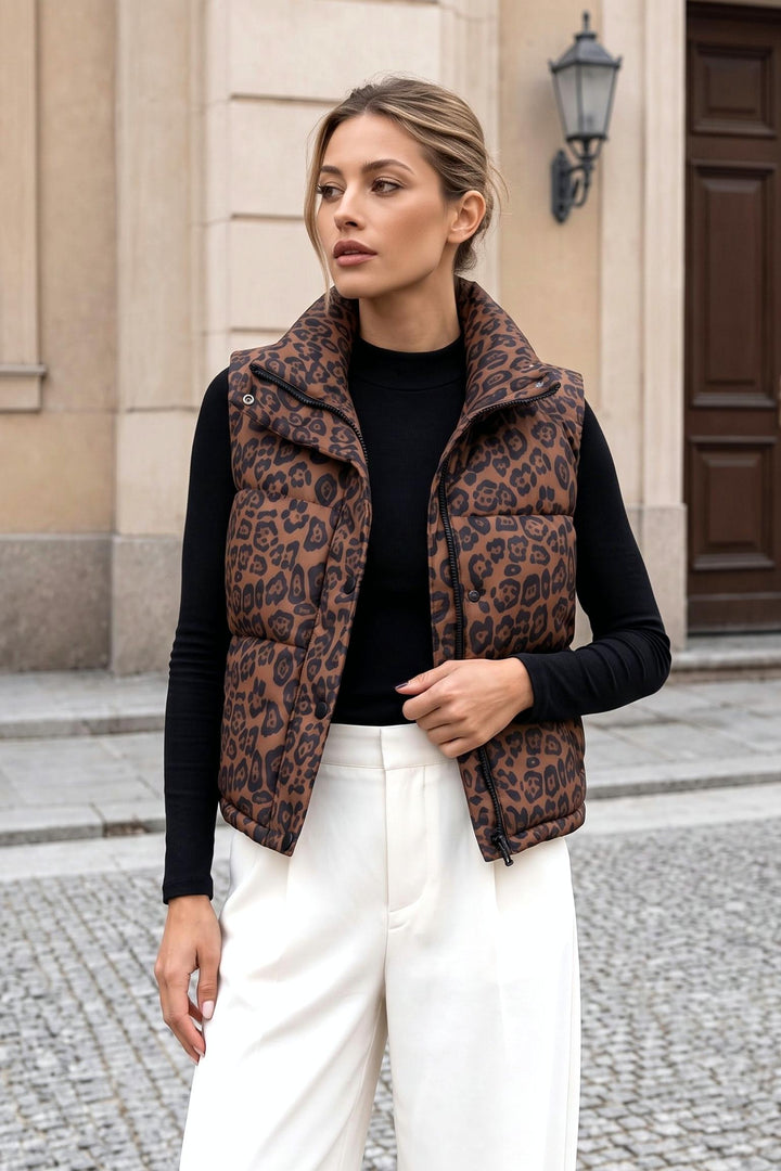 Leopard Print Zipper Front Padded Vest