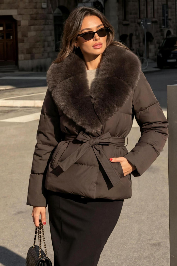 Thick Fluffy Fitted Waist Faux-Fur Collar Padded Coat