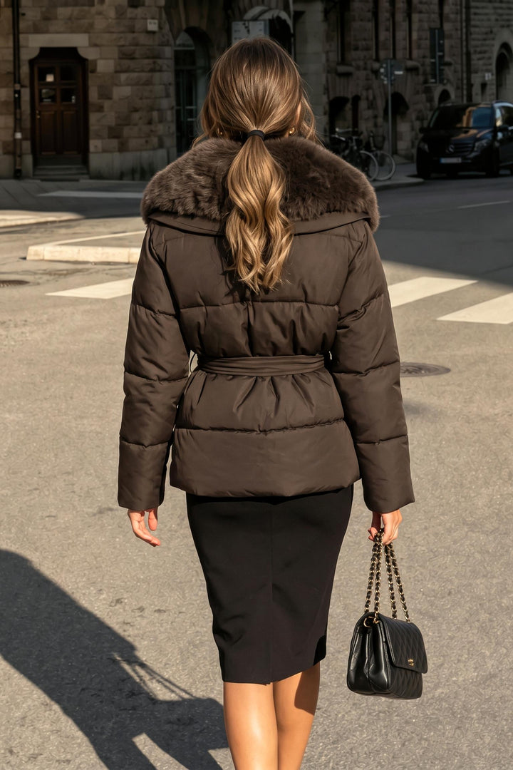 Thick Fluffy Fitted Waist Faux-Fur Collar Padded Coat