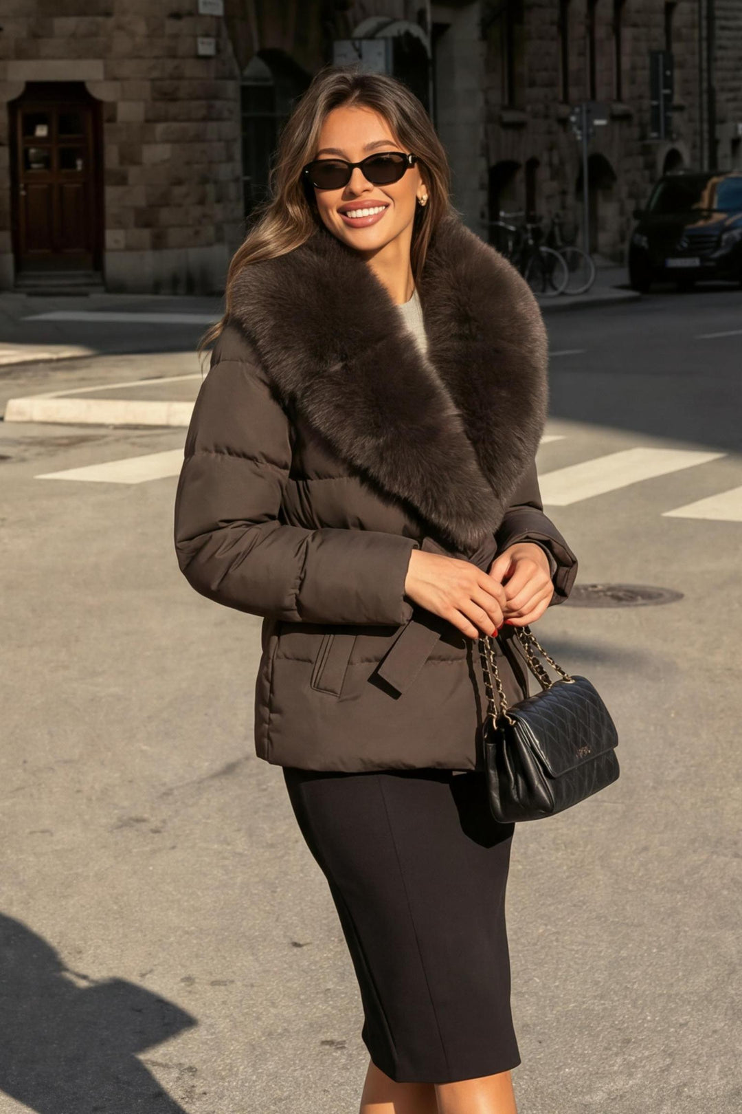 Thick Fluffy Fitted Waist Faux-Fur Collar Padded Coat