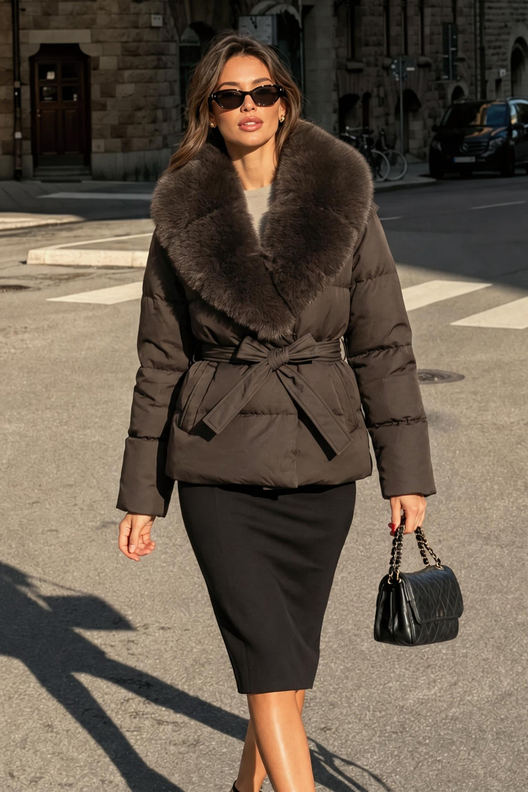 Thick Fluffy Fitted Waist Faux-Fur Collar Padded Coat