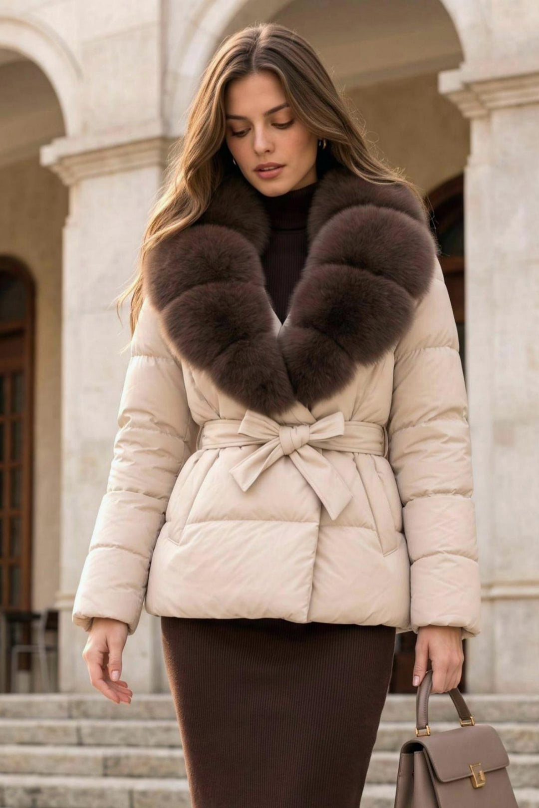 Thick Fluffy Fitted Waist Faux-Fur Collar Padded Coat