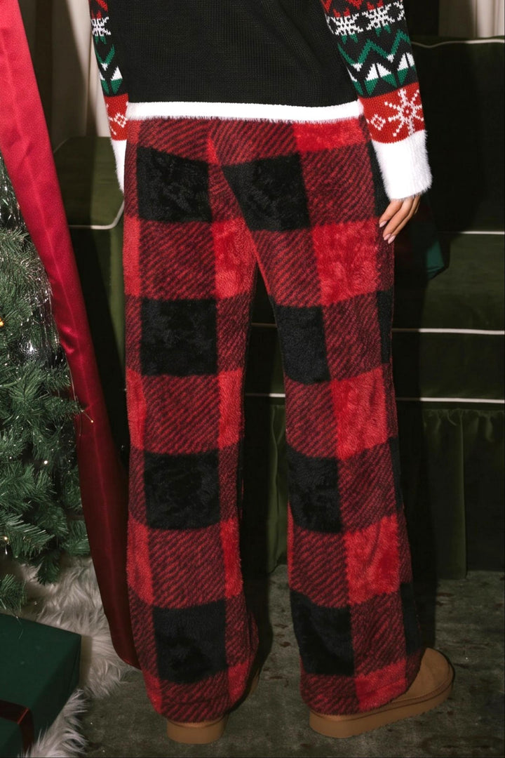 Cozy Soft Fleece Drawstring Buffalo Plaid Wide Leg Pants