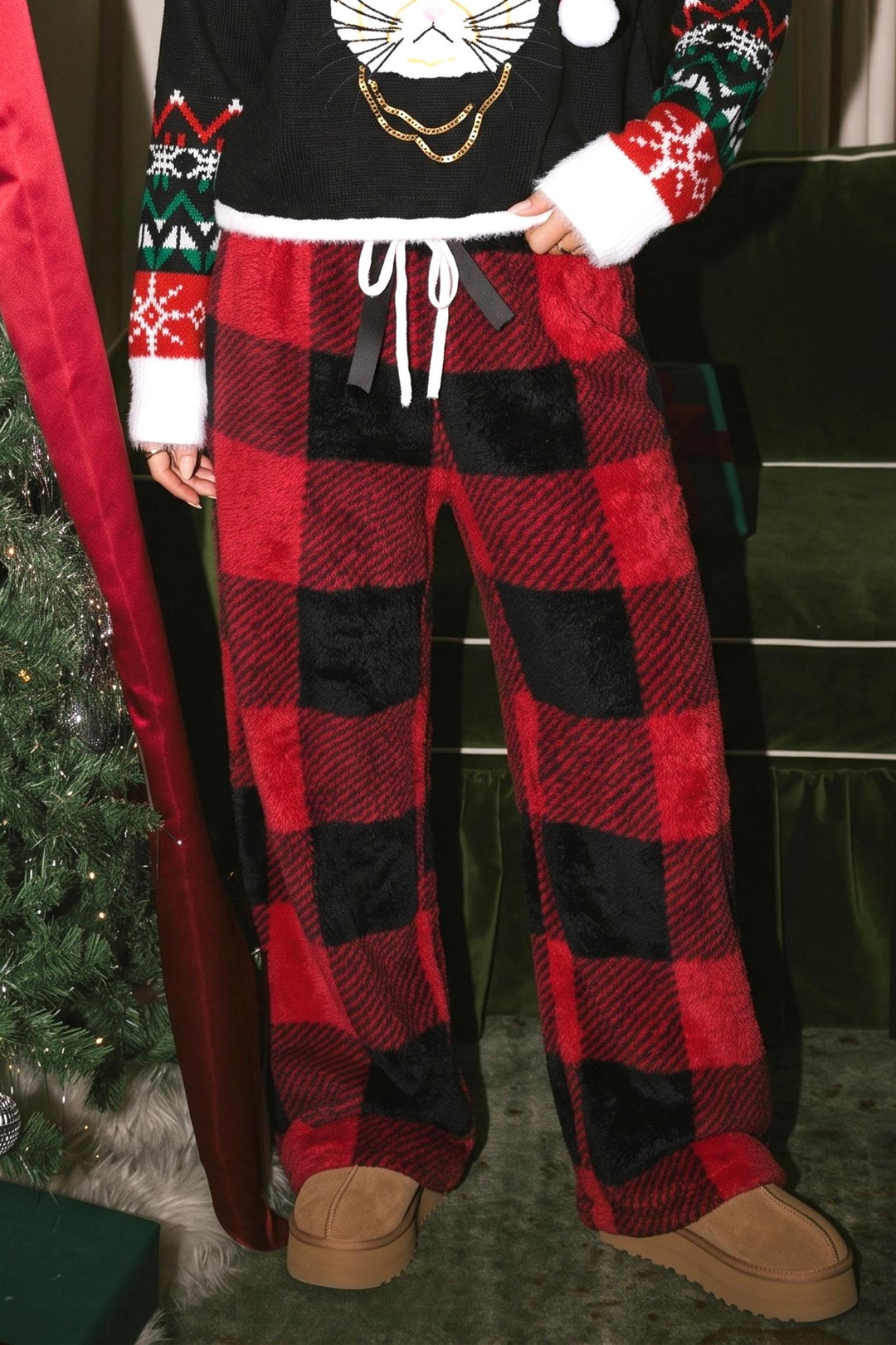 Cozy Soft Fleece Drawstring Buffalo Plaid Wide Leg Pants