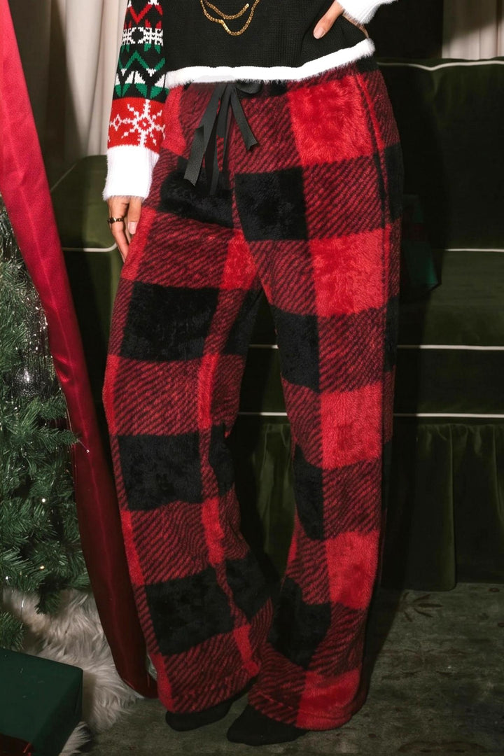 Cozy Soft Fleece Drawstring Buffalo Plaid Wide Leg Pants